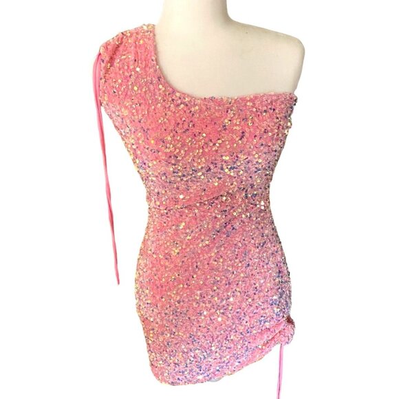 Lucy In The Sky One Shoulder 'Olivia' Dress-Pink Sequin-Size M-GUC - Picture 7 of 8
